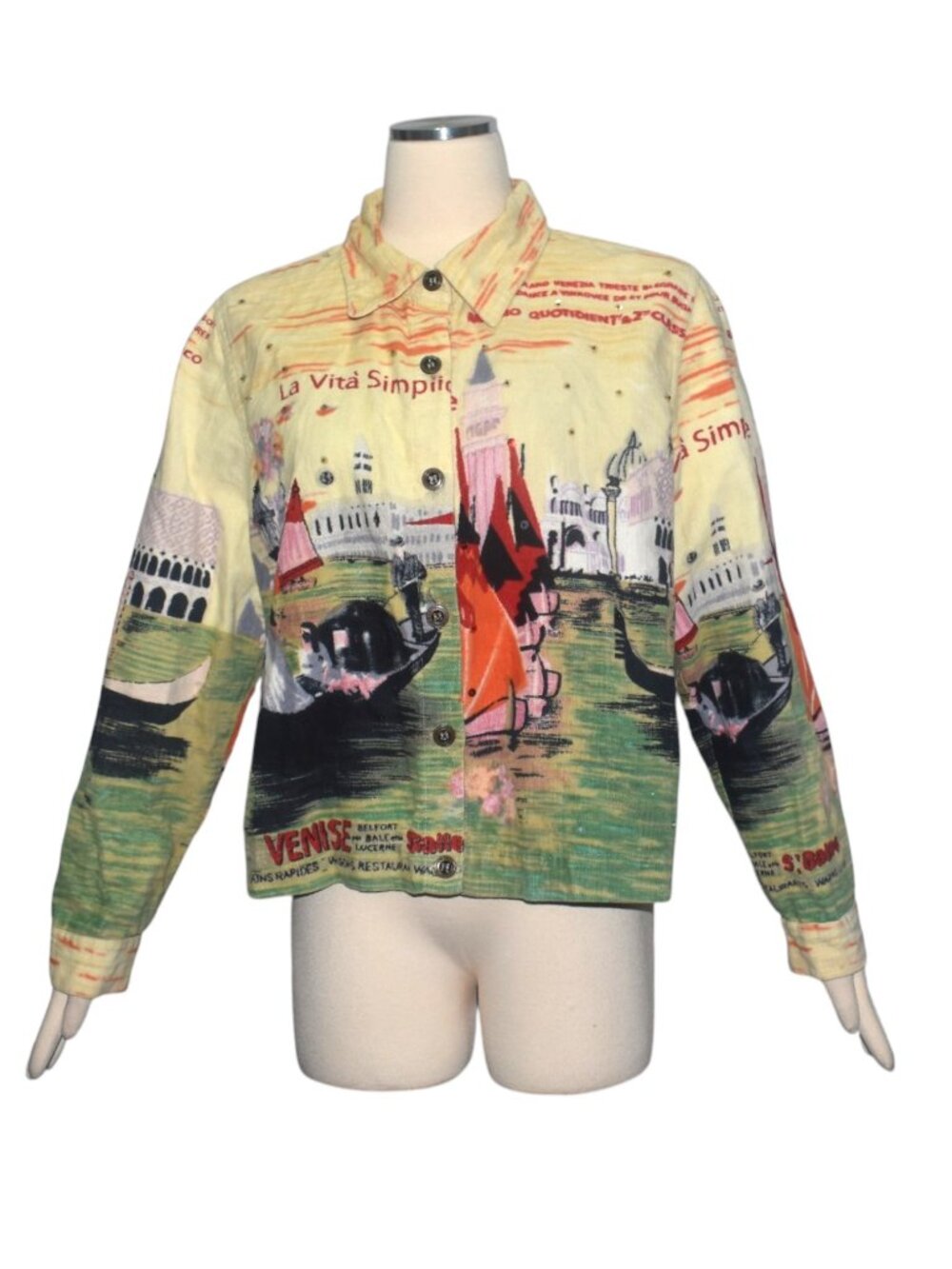 Vintage Cotton Velour Jacket Cardigan Italy Venice Gondolas Art Print L